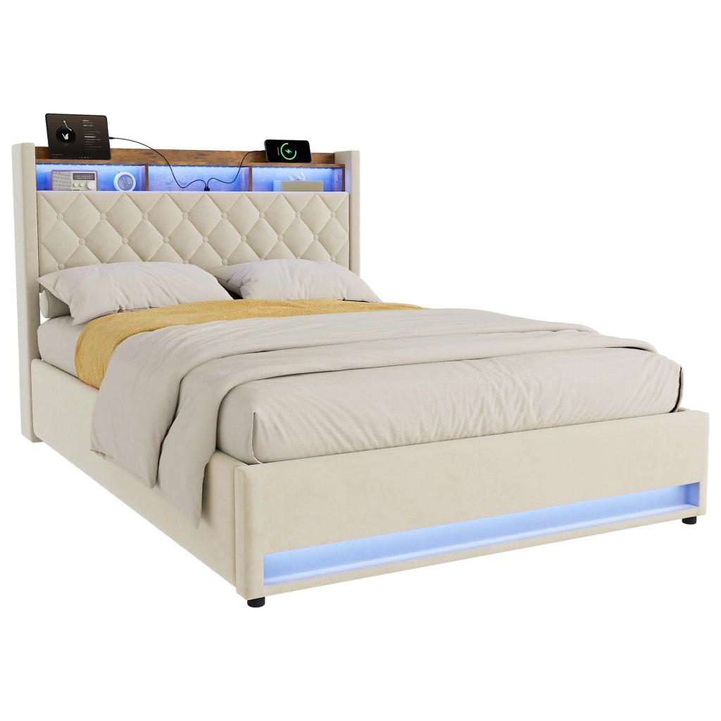 Letto contenitore imbottito 140x200 cm con luce LED; presa elettrica e porta USB; velluto; beige; senza materasso