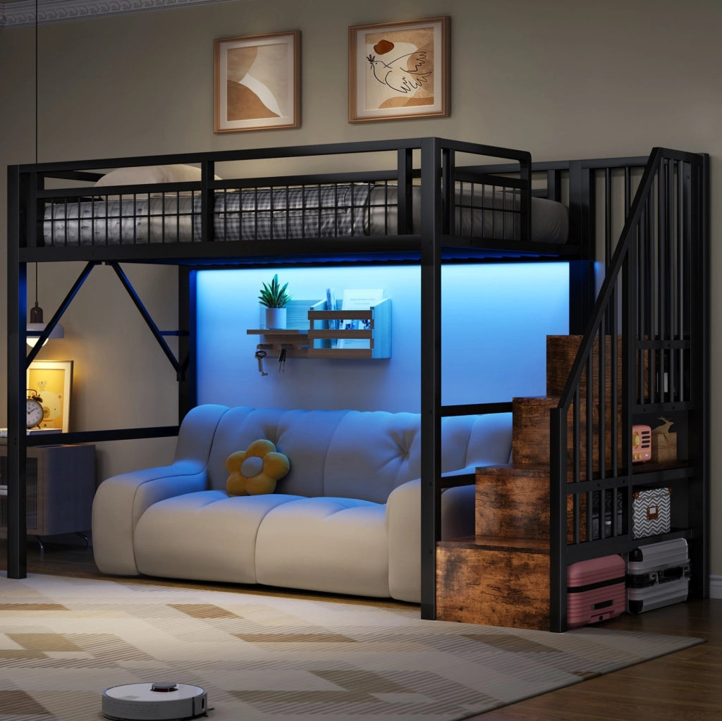 Letto a soppalco 90x200 cm con LED e scale contenitore nero HOMVRA
