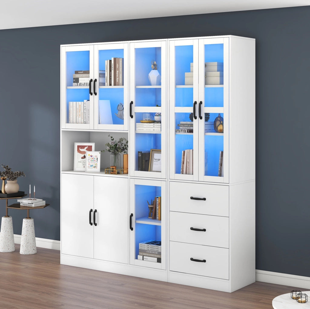 Set vetrina combinato bianco con LED, 8 ante e 3 cassetti