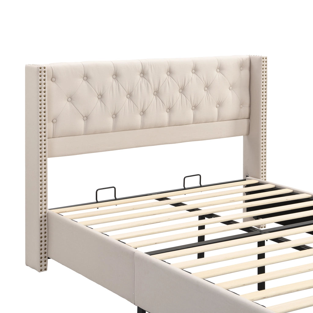Letto matrimoniale imbottito in lino 140 x 190 cm, letto matrimoniale, testiera trapuntata a bottoni e borchie decorative, piedi in legno, beige