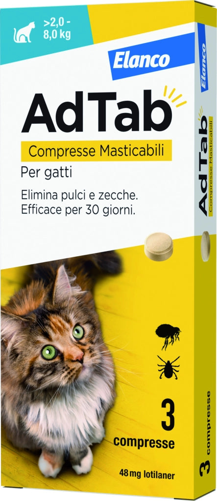 Elanco ANTIPARASSITARIO COMPRESSA MASTICABILE AdTab x gatti 2,0÷8,0 kg. (cf. 3 compr. da 48 mg)