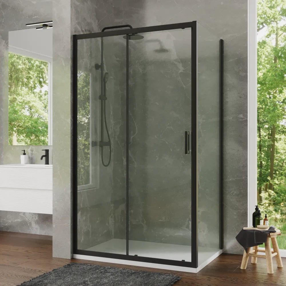 Box doccia 70x150 cm scorrevole profili nero opaco vetro temperato 6mm trasparente anticalcare h198 | Tahiti
