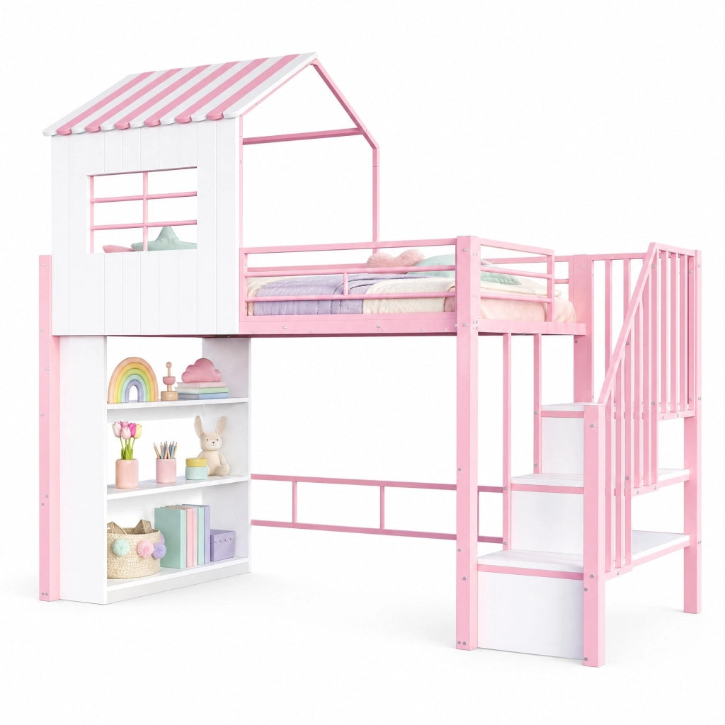 Letto a soppalco in ferro 90x200 cm con sponda alta, scala sicura reversibile e scaffalatura multi-livello, colore rosa