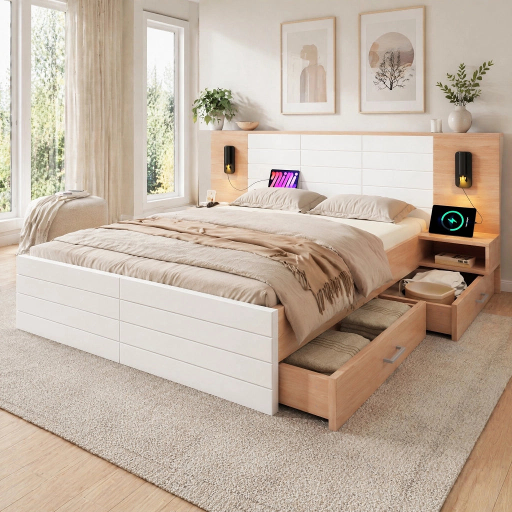Letto matrimoniale 180x200 cm con comodini, cassetti, luce orientabile e USB