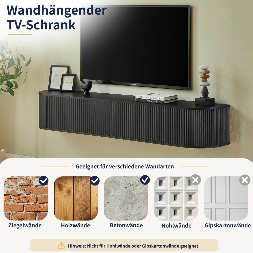 Mobile TV sospeso con passacavi e ante scanalate a chiusura ammortizzata nero 180 × 32 × 30 cm