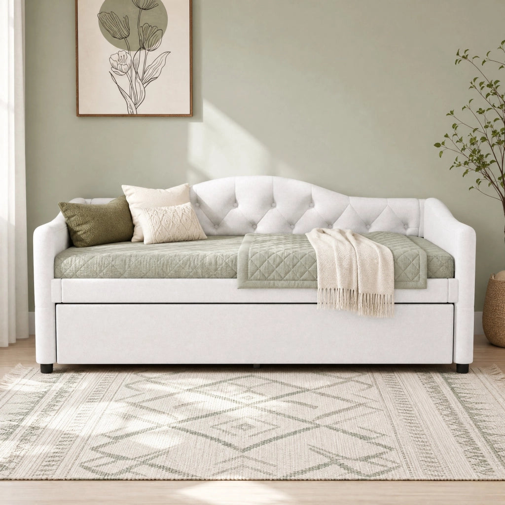 Letto singolo 90x200 cm con letto estraibile in lino beige HOMVRA