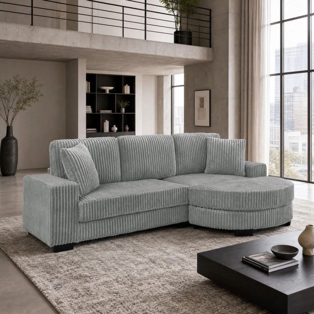 Divano angolare ULEVR 256,5x133,5x89 cm con pouf ovale reversibile, 2 cuscini, velluto a coste grigio
