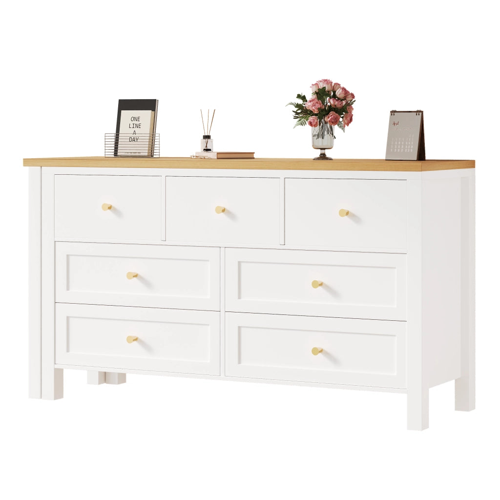 Scrivania angolare girevole con 7 cassetti piano a 360° in pannello truciolare bianco e rovere 120 × 40 × 70 cm