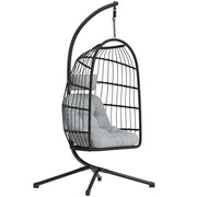 Sedia a Uovo Sospesa 105x101x196 cm con Supporto e Cinghia di Sicurezza in Metallo e Rattan PE Nero e Grigio Chiaro
