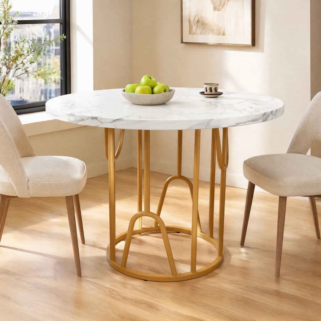 Tavolo da pranzo rotondo 80x80x76 cm con piano in MDF effetto marmo e gambe oro