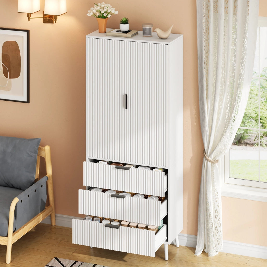 Mobile dispensa con 2 ante; 3 cassetti e ripiani regolabili in MDF bianco per cucina e soggiorno 75 × 35 × 180 cm