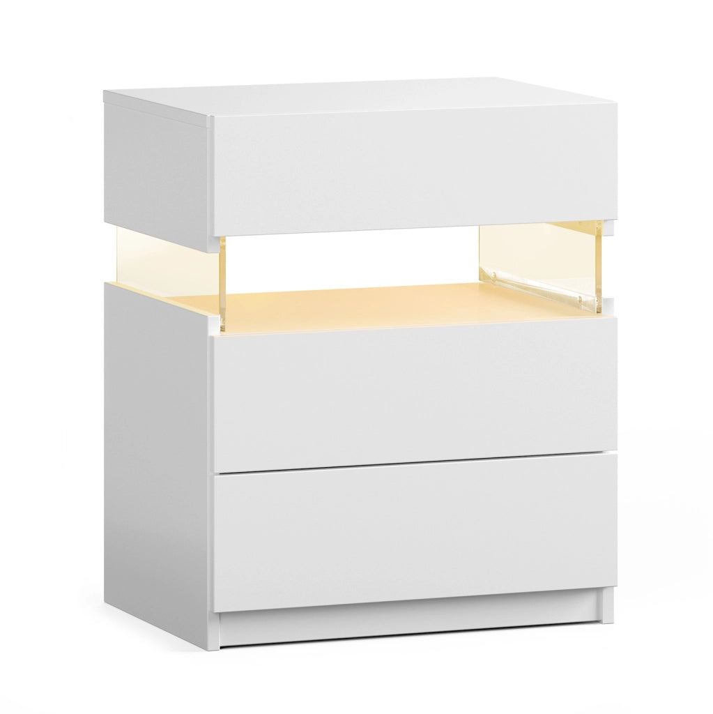 Comodino con 3 cassetti LED con pannello acrilico bianco per camera da letto e soggiorno
