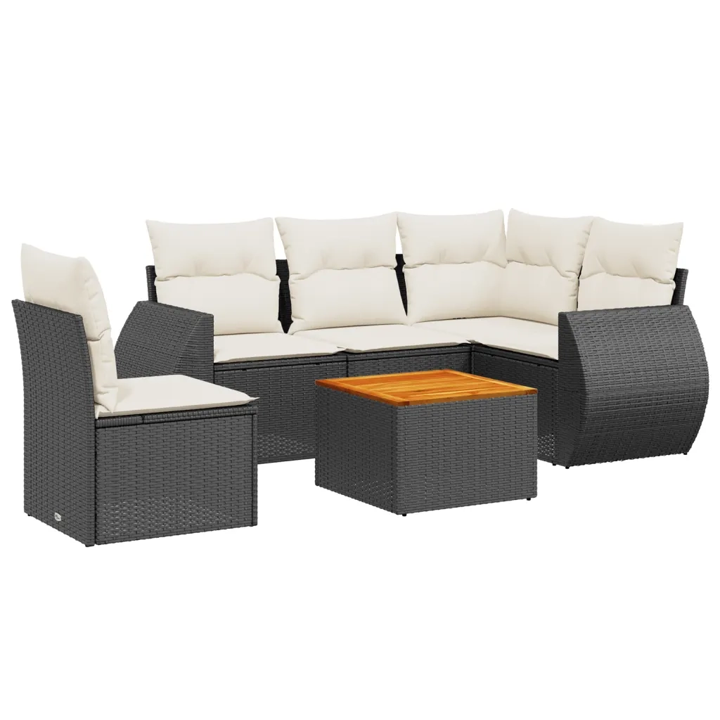 Set Divano da Giardino 6 pz con Cuscini Nero in Polyrattan