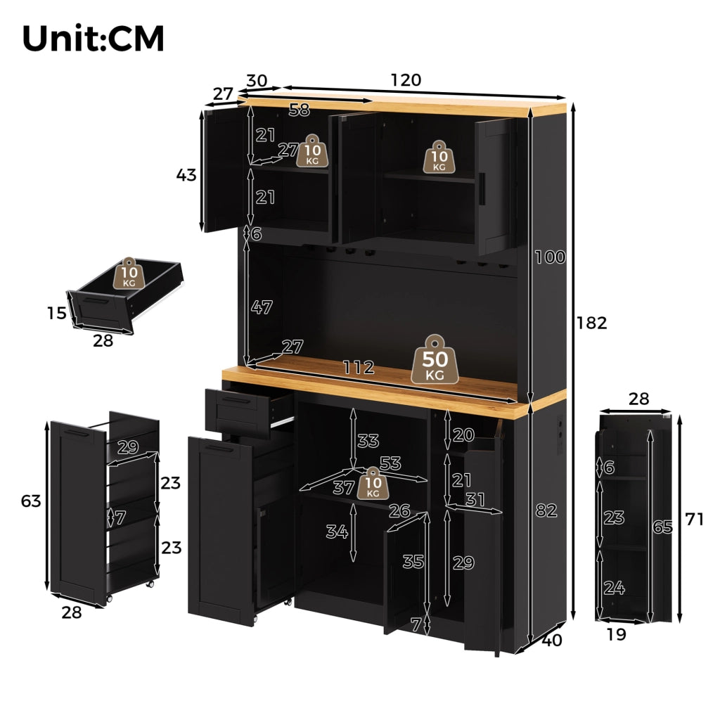 Mobile da cucina 120x40x182 cm con LED RGB, prese e USB, cassetti e ripiani regolabili in MDF