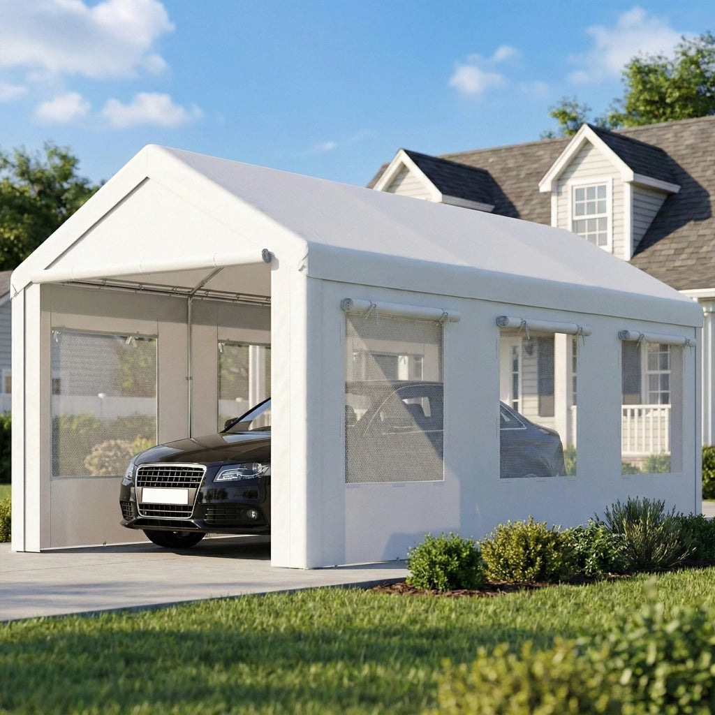 Tenda da Giardino per Auto 3x6m Protezione UV30+ ¨C zephmum ¨C Bianco 6 Finestre Rete Zanzariera