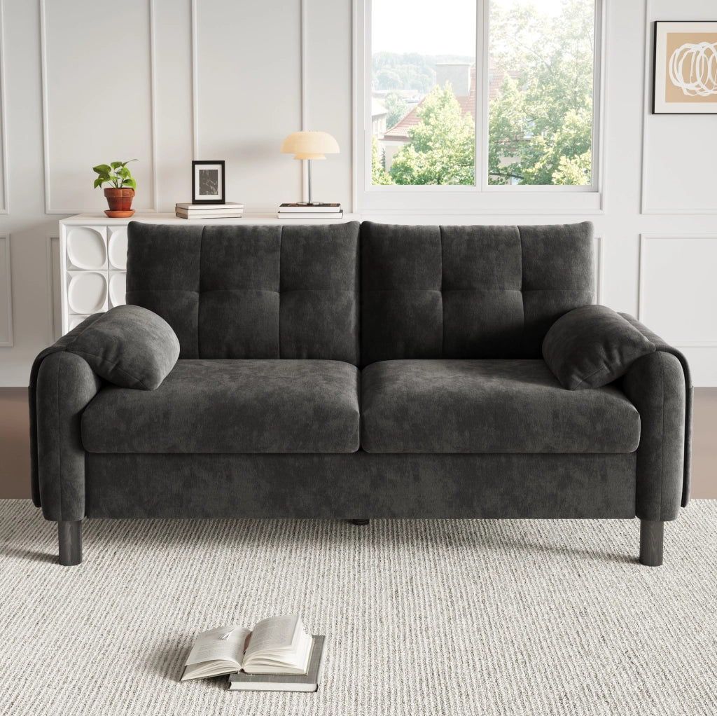 Divano 2 posti moderno in tessuto chenille grigio con cuscini spessi e tasche laterali