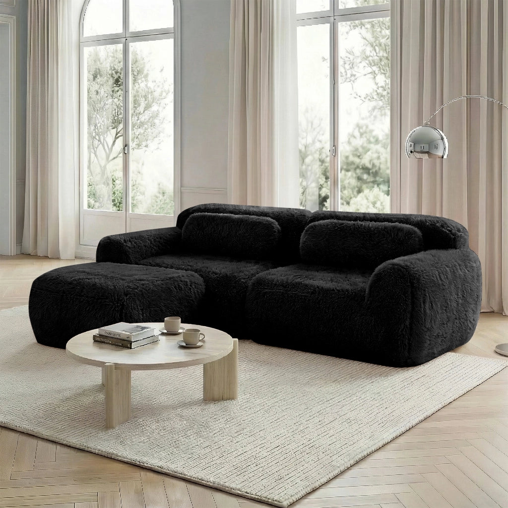 Divano angolare modulare a 2 posti in tessuto plush nero con seduta ampia base antiscivolo senza montaggio