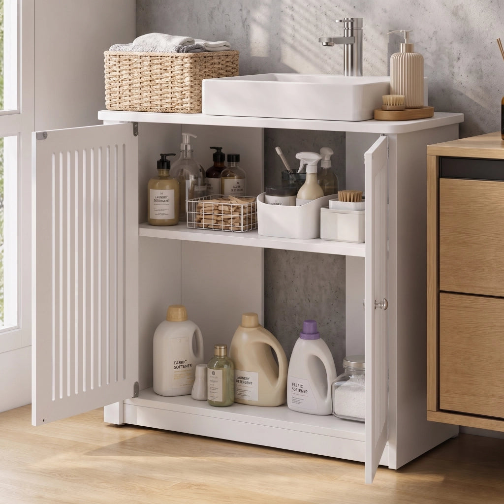 Mobile sottolavabo con 2 ante a lamelle e ripiano regolabile, bianco, per bagno e lavanderia, in MDF e truciolare