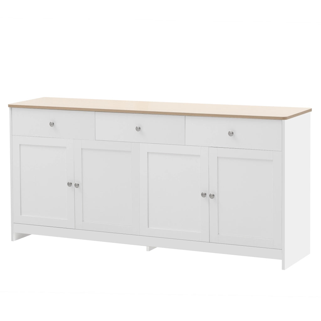 Credenza Bianca e Legno Mobile Buffet 160 cm con 4 Ante e 3 Cassetti in MDF Stile Rustico per Soggiorno e Sala da Pranzo