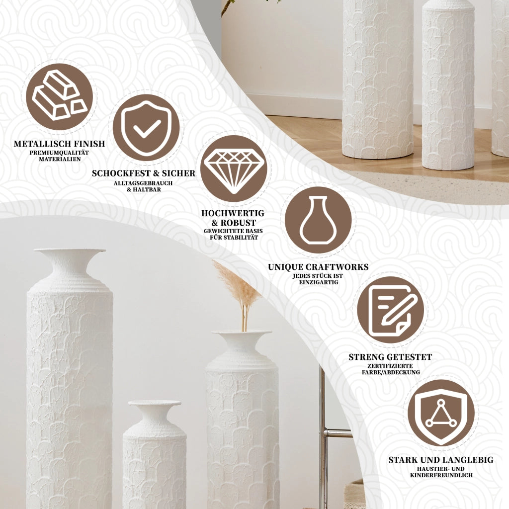 Set di vasi da pavimento con 3 vasi decorativi in metallo bianco per fiori secchi, superficie opaca e testurizzata