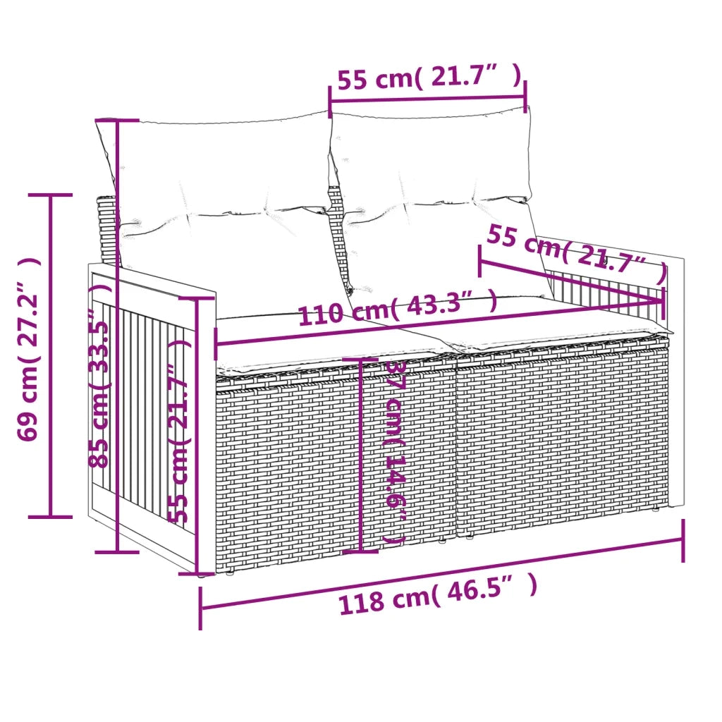 Divano da giardino con cuscini 2 posti nero in polyrattan 366037