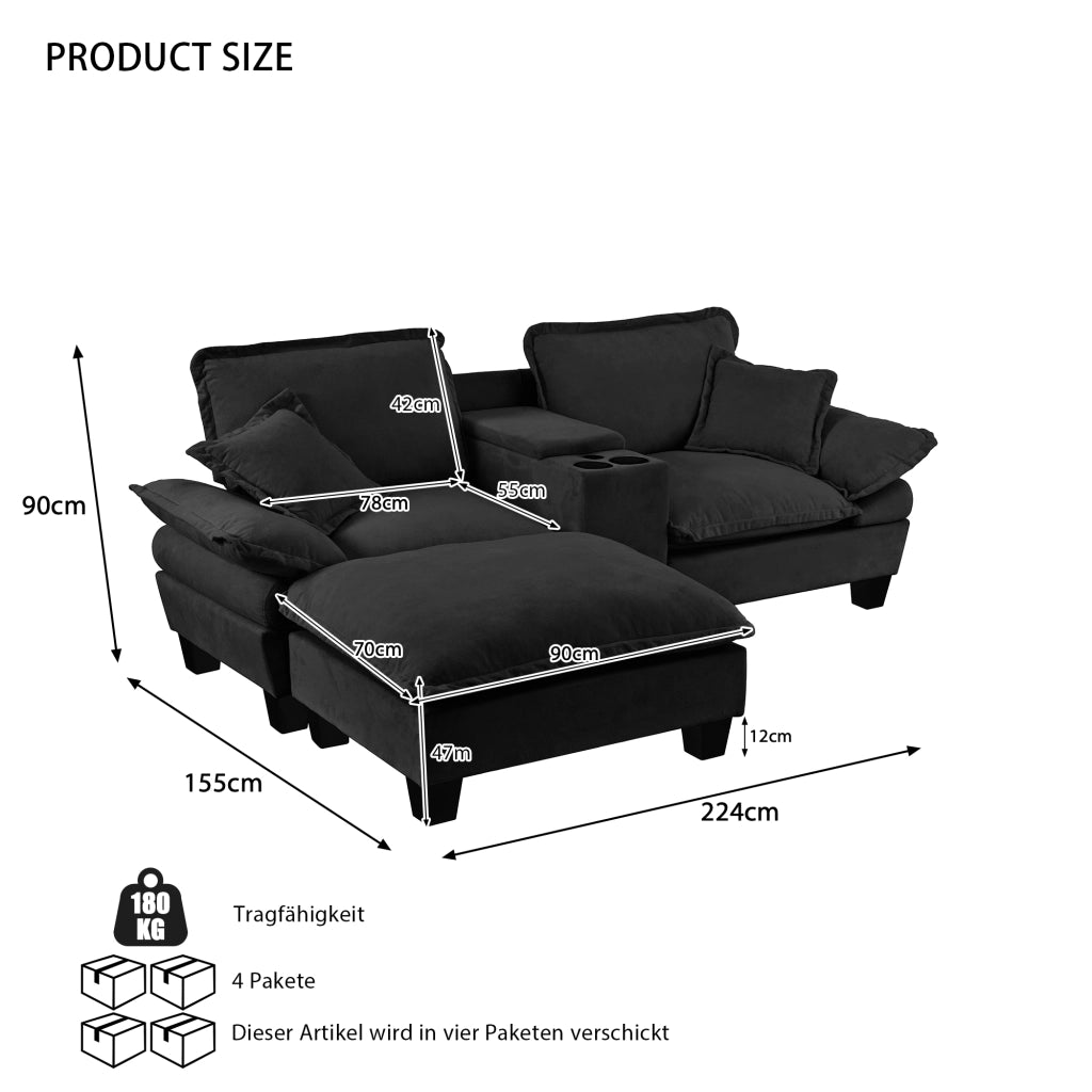 Divano Angolare Modulare con Ottomane ¨C MINIMAL ¨C Chenille, Nero, USB, Contenitore