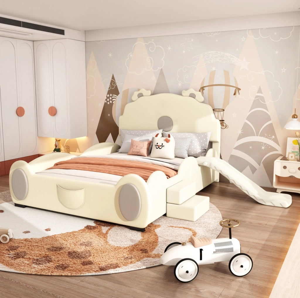 LETTO per bambini 140x200 cm PU Beige con scivolo e scala