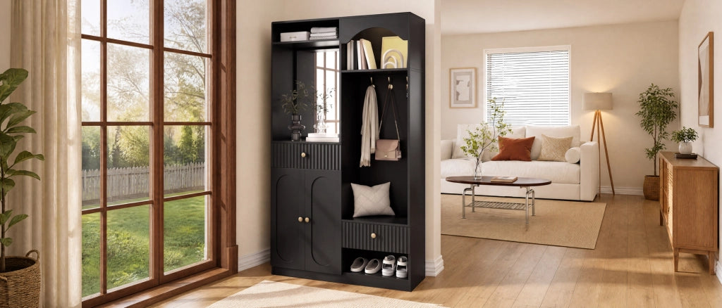 Garderoba compatta con specchio, panca, appendiabiti e luci LED regolabili, MDF nero 100x35x180 cm