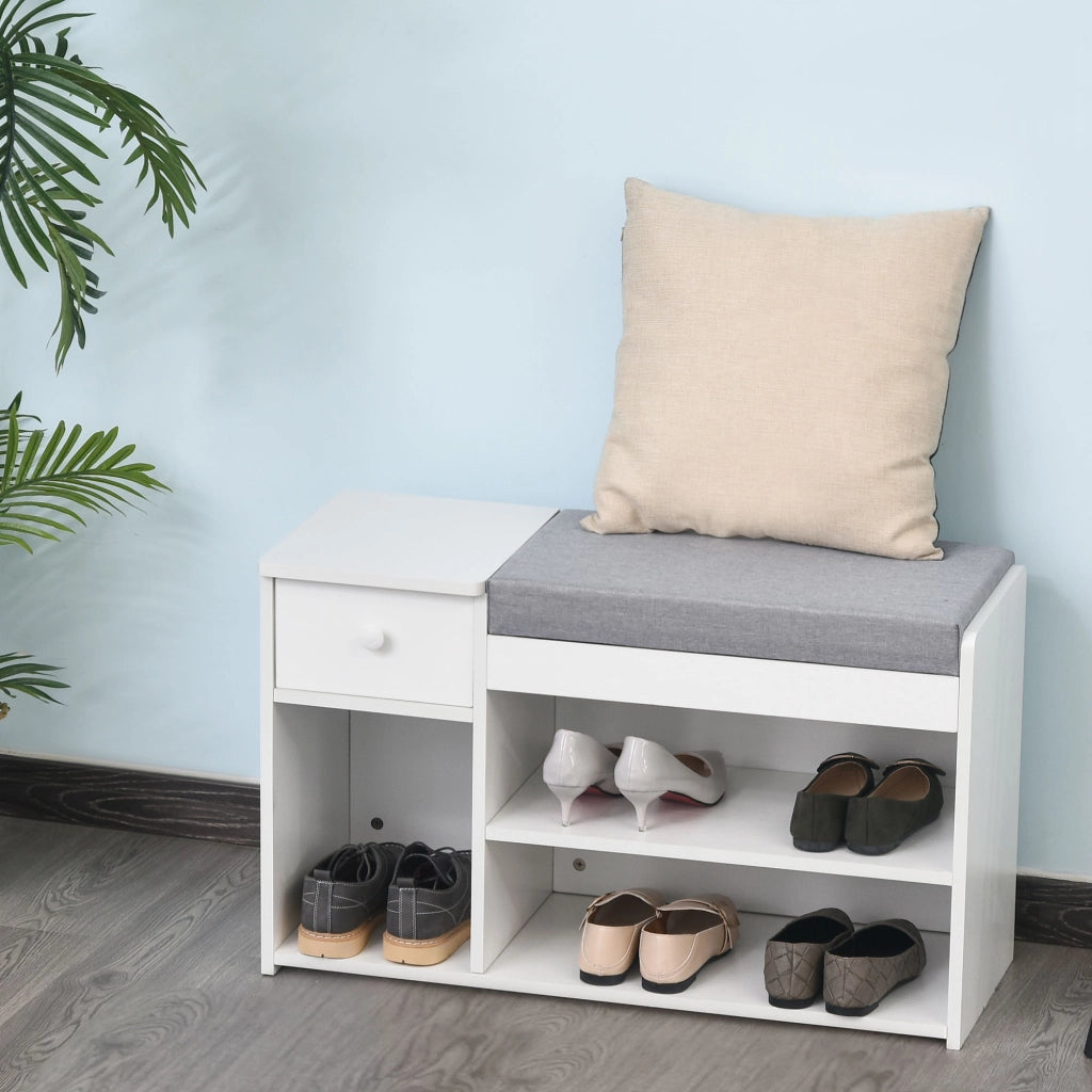 EasyComfort Panca Scarpiera con Cuscino, Cassetto e 3 Vani Aperti in Legno, 81x31.5x49cm, Bianco