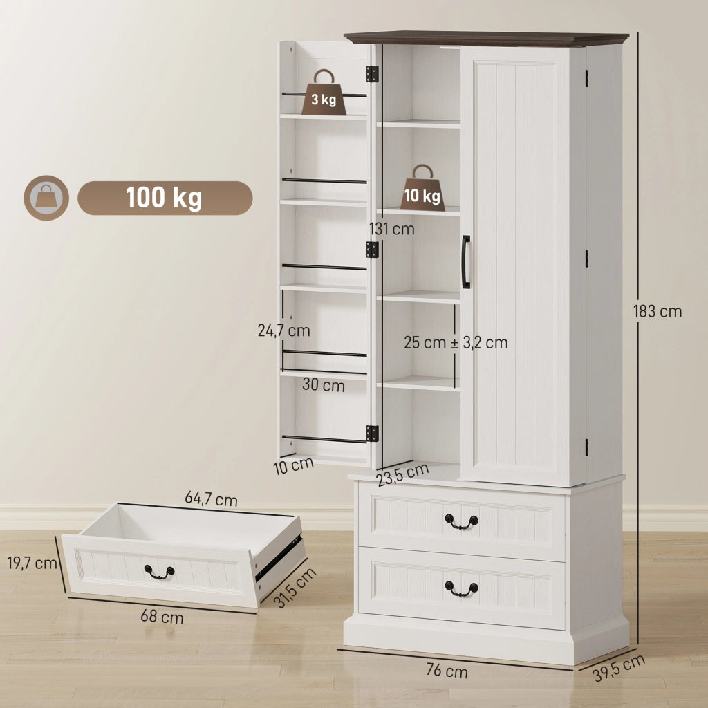 Mobile dispensa da cucina con luce LED a sensore, armadio alto 2 ante e cassetti, ripiani regolabili, 76x39,5x183cm, bianco