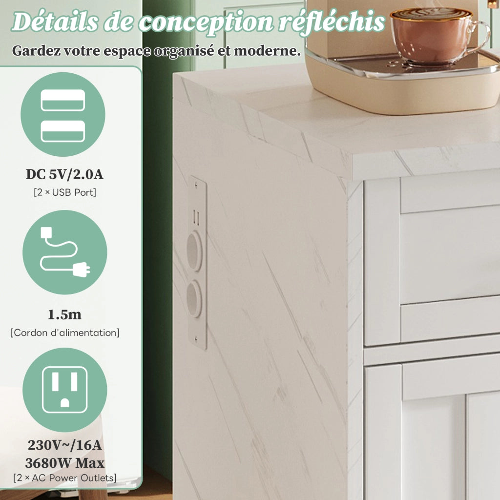 Mobile base da cucina con bancone; prese e USB; 2 cassetti; 3 ante con ripiani regolabili bianco 120 × 60 × 91 cm