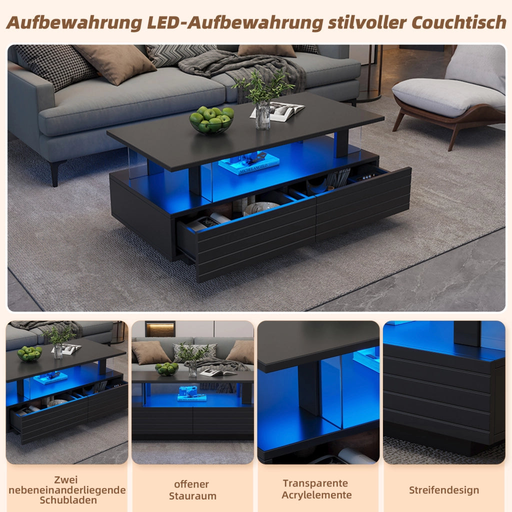 Tavolino da caffè LED 100x50x42 cm con 2 cassetti e ripiano aperto; controllo tramite app; acrilico nero