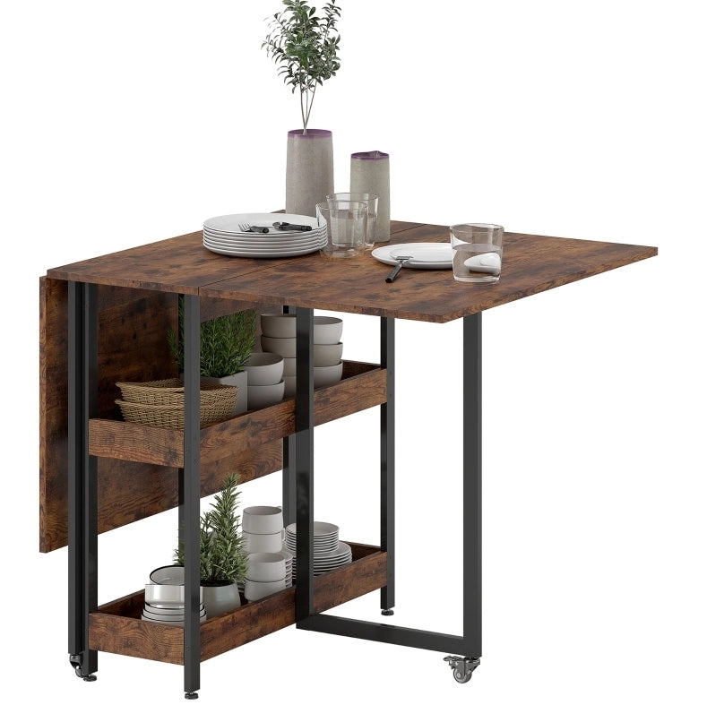 Tavolo da pranzo pieghevole rustico in melaminico 133,4x80x75 cm con 2 ripiani aperti, per 2-4 persone