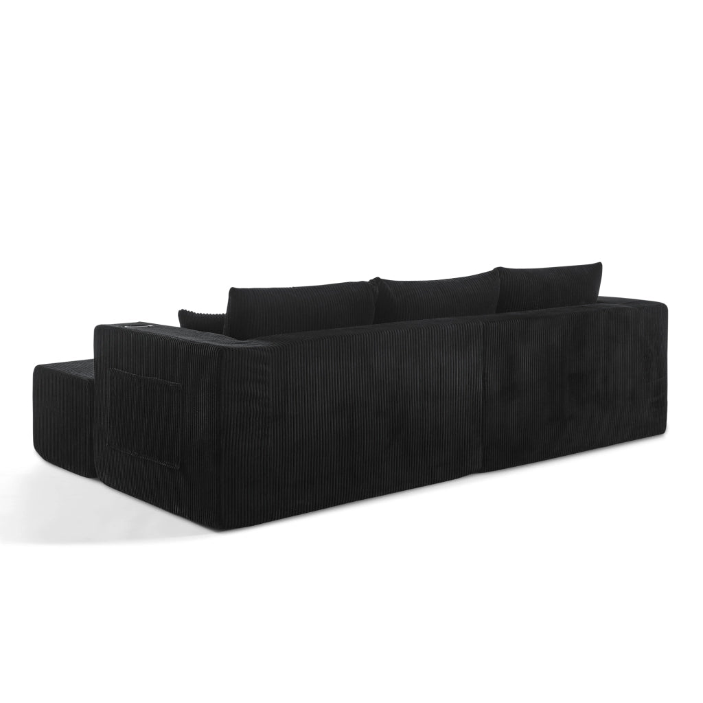 Divano angolare modulare 3 posti con 2 pouf mobili in velluto a coste nero