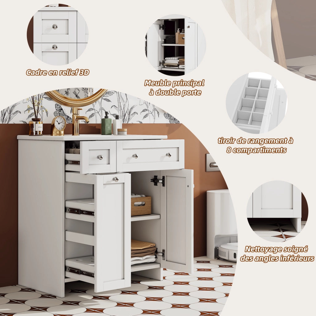 Mobiletto con lavabo a terra in MDF laccato con 3 cassetti e lavabo in ceramica bianco 76 × 47 × 86 cm
