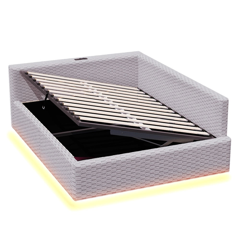 Letto Imbottito 140x200 con LED ¨C Xylo ¨C Velluto Grigio, Testiera a L, Idraulico