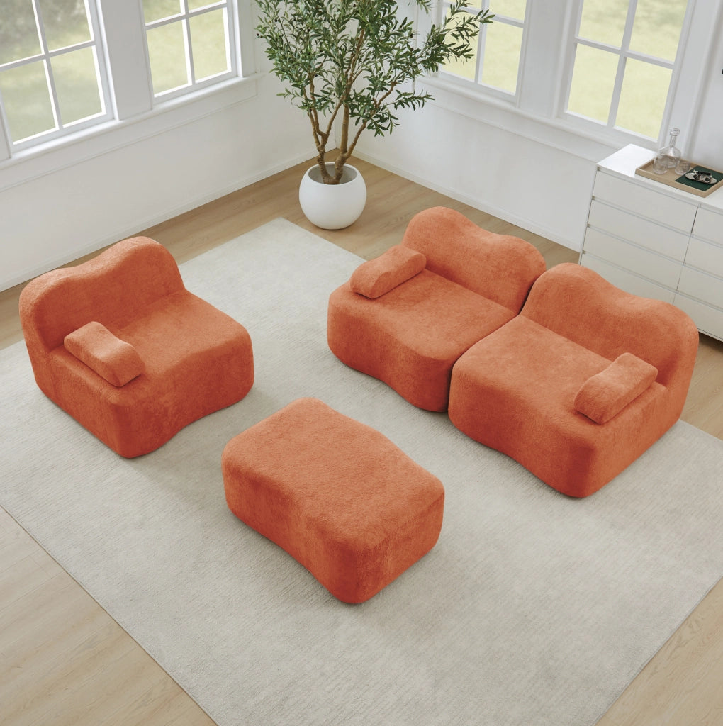 Divano modulare angolare 3 posti con pouf, schiuma ad alta densità 32D, rivestimento in velluto arancione per soggiorno