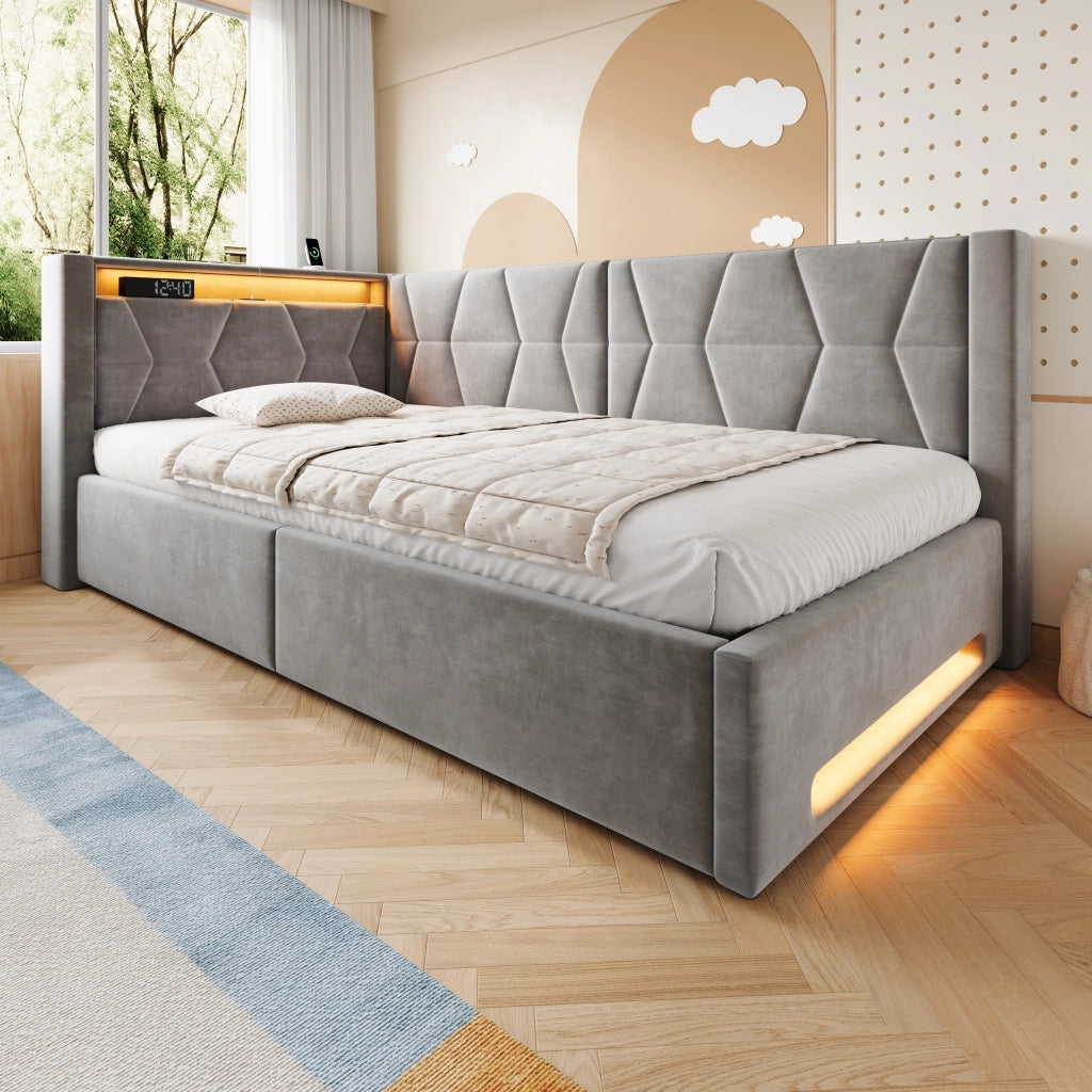 Letto imbottito con contenitore 140 x 200 cm in velluto grigio scuro; LED; USB e Type-C