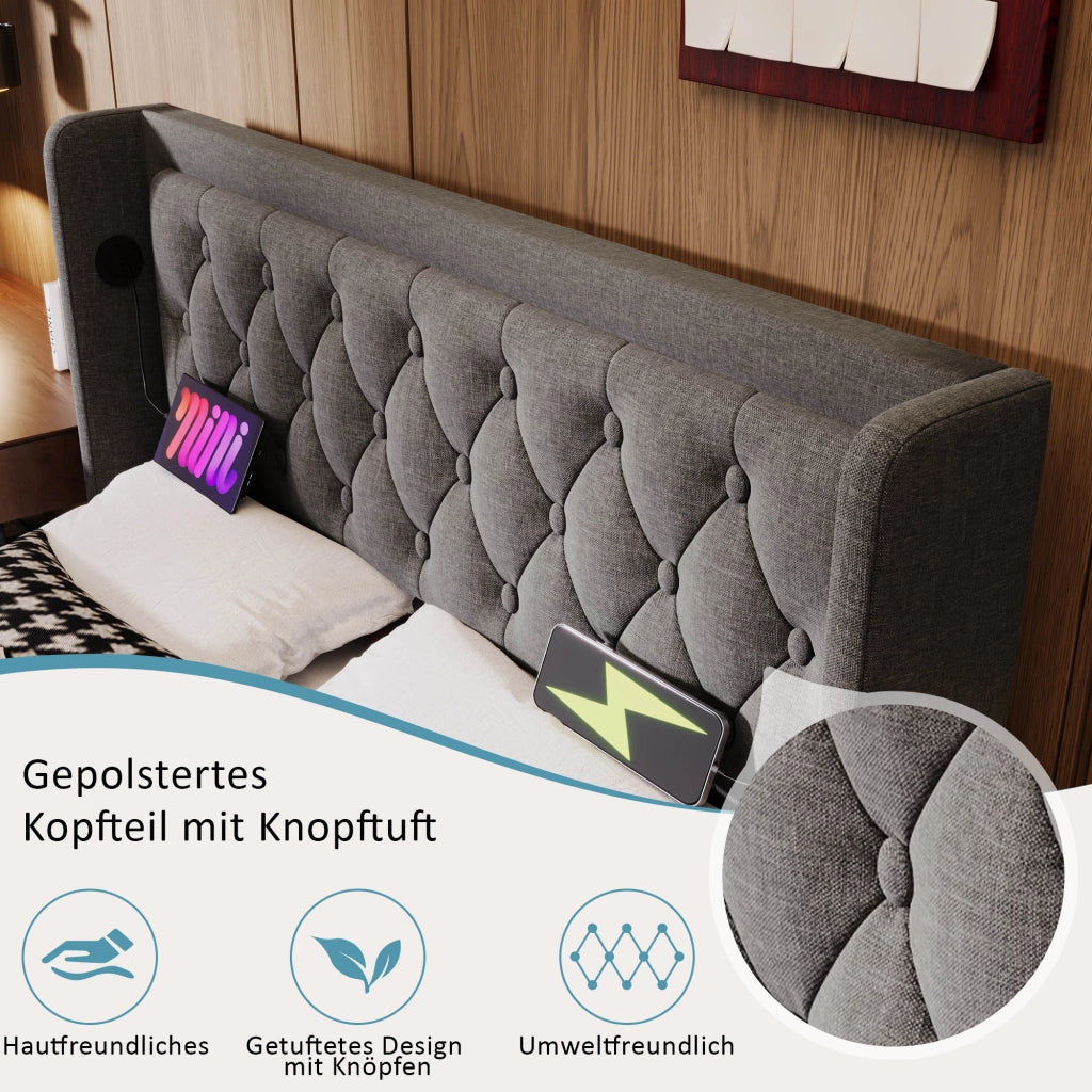 Letto matrimoniale 140 × 200 cm con contenitore idraulico LED USB e USB-C testiera imbottita in cotone grigio