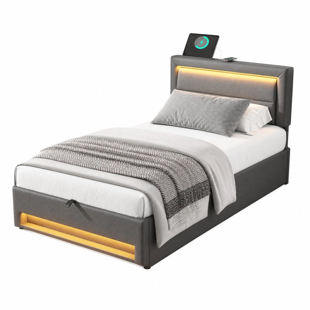 Letto imbottito con LED; ricarica USB e wireless; vano contenitore; PU grigio; per materasso 90x190 cm