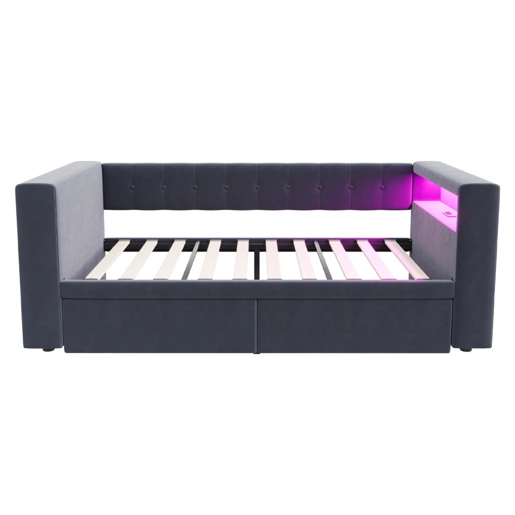 Letto singolo imbottito 90×190 cm con LED; prese e 2 cassetti; senza materasso; grigio scuro