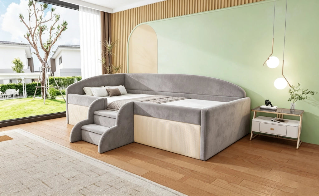 Letto imbottito per bambini 90x190 cm in tessuto vellutato anallergico con scale antiscivolo e protezioni laterali grigio