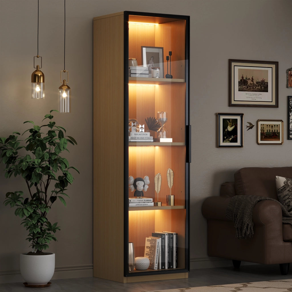 Vetrina stretta con anta in vetro temperato, LED multicolore e cerniere ammortizzate, in MDF rovere, 40 × 40 × 165 cm