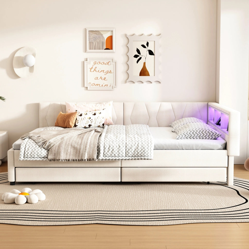 Letto matrimoniale 140×200 cm con LED; USB e Type C; cassetti e ripiani; senza materasso; lino e MDF; beige