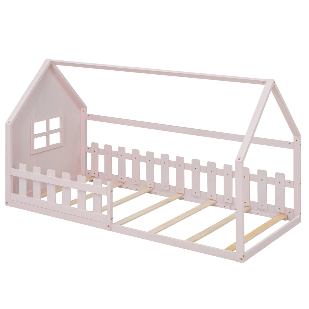 Letto per bambini 90x200 cm in pino e MDF, design a casetta, colore rosa