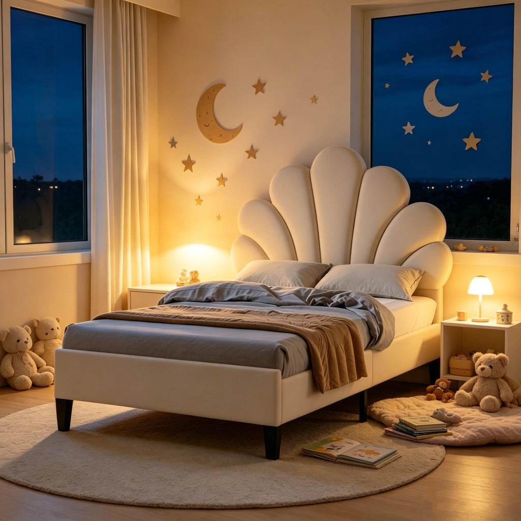 Letto Singolo per Bambini 90x200cm;Letto imbottito con Testiera Regolabile a Forma di Petalo;per Bambini; Adolescenti;Velluto Beige; senza Materasso