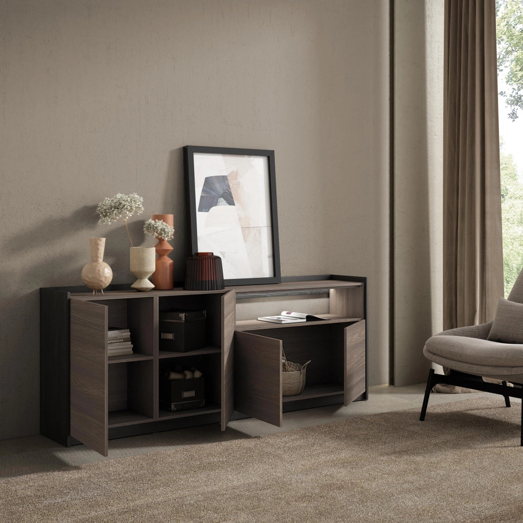 Credenza, Mobile, Cucina, 207x80x37 cm, 4 Porte, LED, Rovere scuro e Nero