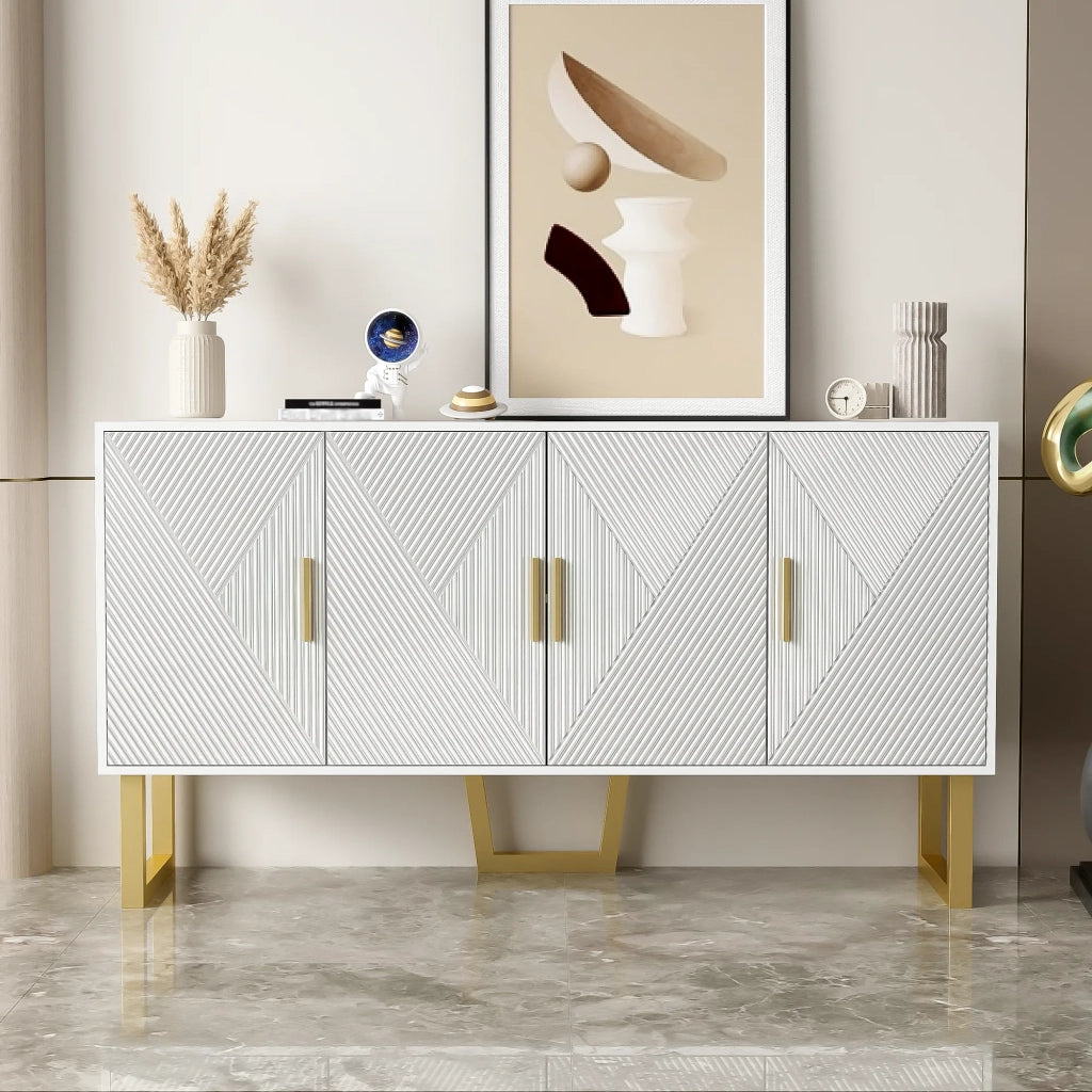 Maderna moderna bianca 150 cm, 4 ante con maniglie dorate, ante strutturate lucide, ripiani regolabili in altezza