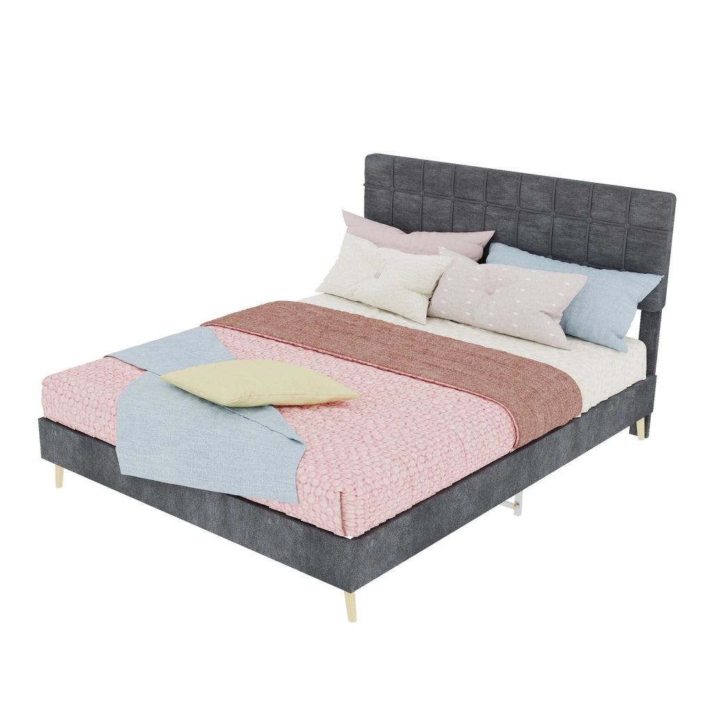 Letto matrimoniale 140 x 200 cm in tessuto grigio con testiera imbottita a quadri