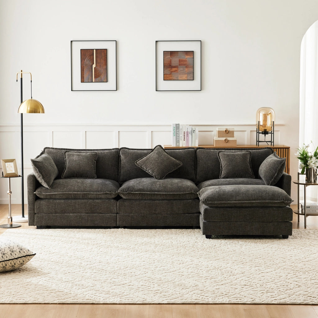 Divano 3 posti con pouf mobile 283x147 cm in chenille grigio scuro